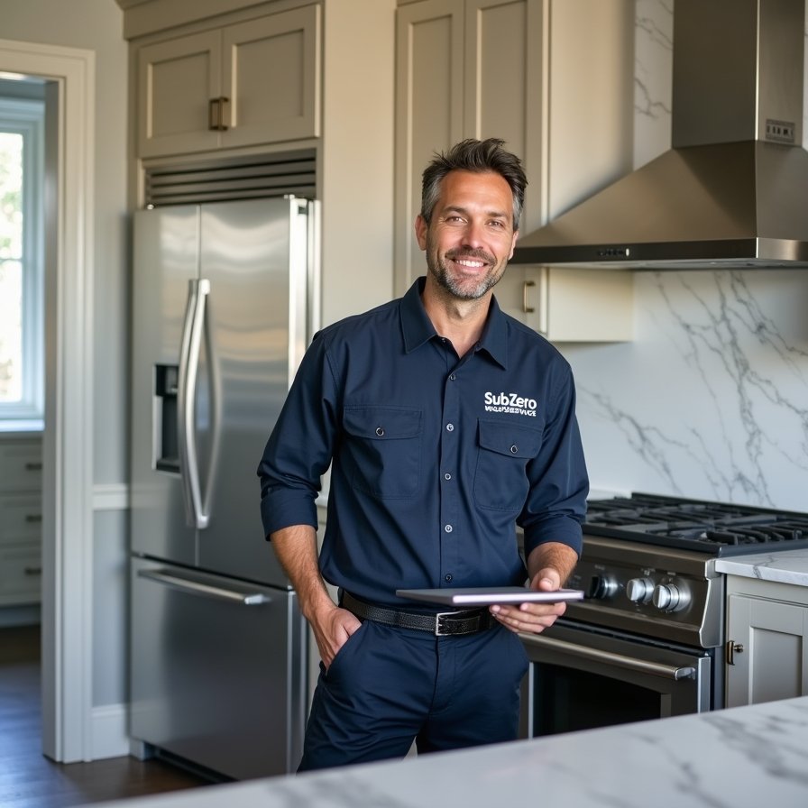 flux dev a professional appliance technician wearing a branded 1